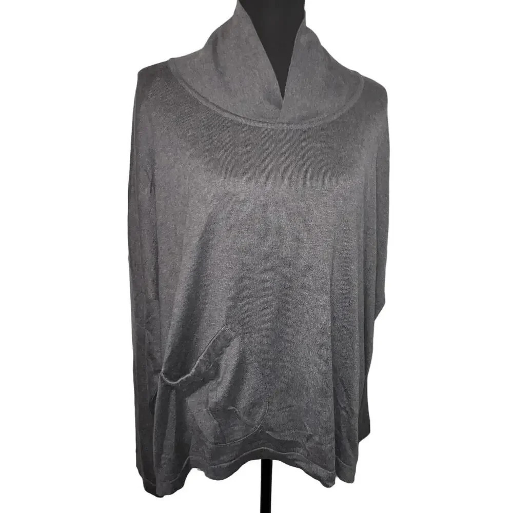 Planet, OS, Pima Tencel‎ gray long bat sleeve flutter collar ribbed tunic blouse